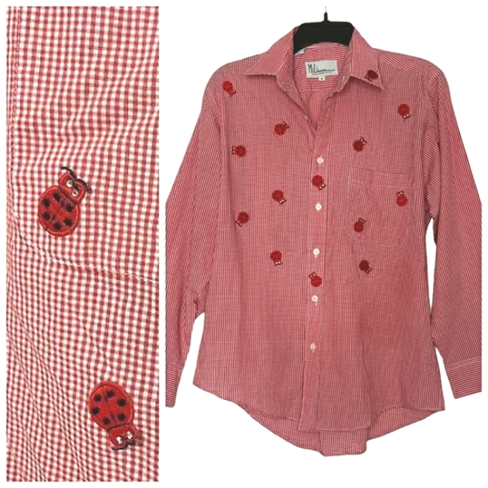 Vintage MILI Ladybug Embroidered Gingham Button Down Shirt, Size: Small.